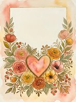 Watercolor floral frame with heart, roses, and berries in warm pink and gold tones, featuring a blank space for text or greeting cards.
