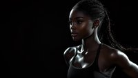 Athletic African American woman with braided hair in sports bra against dark background, dramatic side lighting creates striking contrast on skin.