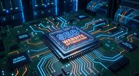 Modern CPU processor chip on circuit board with glowing blue traces and quantum computing elements for technology and electronics design projects.