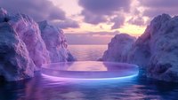 Mystical glowing neon ring floating between rocky cliffs at sunset, purple and blue light reflection on calm water surface creates surreal atmospheric scene.