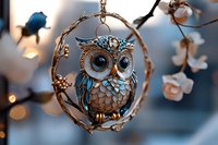 Decorative metal owl pendant with blue gemstones and intricate branch design, photographed against soft bokeh background with delicate white flowers.