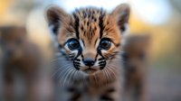 Young wild cat with striking blue eyes and striped coat stares directly at camera with curious expression, isolated against blurred natural background.