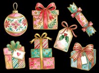 Festive holiday gift boxes and ornaments with floral patterns, bows, and ribbons isolated on transparent background. Ready for t-shirt designs, stickers, clipart, sublimation, and print-on-demand projects.