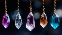 Colorful crystal pendants hanging on chains against dark background, featuring amethyst, clear quartz, rose quartz, citrine and blue topaz gemstones.