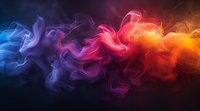 Vibrant multicolored smoke swirls against dark background, flowing from cool blue and purple tones to warm pink, red and orange hues in smooth gradient transition.