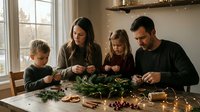Family of four creating handmade Christmas decorations together at wooden table with pine branches, ornaments and warm string lights in cozy home.