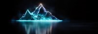 Glowing neon mountain range reflected in calm water surface against dark background, panoramic view with ethereal blue light effect and mirror reflection.