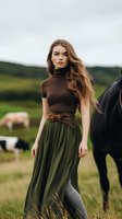 Young Caucasian woman in brown turtleneck and olive maxi skirt standing in countryside meadow with horses grazing in background. Long wavy hair flowing in wind.