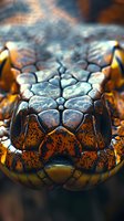 Close-up macro shot of snake head with intricate scale patterns in orange and blue tones, showing detailed texture and natural geometric shapes in dramatic lighting.