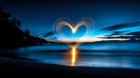 Light painting heart shape glowing over calm lake at dusk with blue sky and mountain silhouettes reflecting on water surface, romantic long exposure photography.