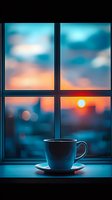 Coffee cup silhouette on windowsill against dramatic sunset sky with orange sun and blurred cityscape background creates peaceful evening atmosphere.