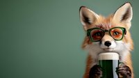 Red fox wearing green glasses holding coffee cup against green background, humorous animal character design for marketing and advertising materials.