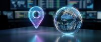 Holographic location pin and globe with digital network connections floating above modern technology interface for global positioning and navigation systems.