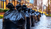 Black garbage bags lined up on wet city sidewalk with bokeh lights in background, urban waste management concept for environmental and sanitation themes.