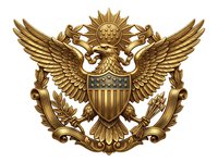 Golden eagle emblem with spread wings, shield, and sun rays on transparent background, suitable for logos, seals, emblems, and official design projects.