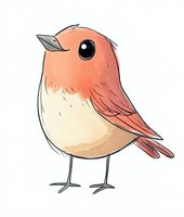 Cute round robin bird in soft coral pink and cream colors with simple artistic style on white background, suitable for children books and greeting cards.