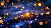 Magical glowing dandelion seeds floating in dark blue night sky with golden bokeh lights and sparkles creating dreamy atmospheric nature scene.