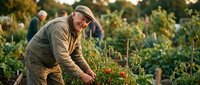 Smiling mature Caucasian male farmer harvesting fresh tomatoes in organic vegetable garden during golden hour sunset for sustainable agriculture and farming.