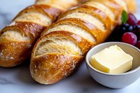 Fresh baked pretzel bread loaves sliced to show soft interior texture, served with butter pat in ceramic bowl and red grapes on marble surface.