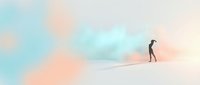Silhouette of a man standing alone on a white cloud against a soft pastel sky with blue and pink hues, representing solitude, contemplation, and isolation in a dreamy landscape.