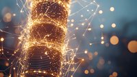 Glowing golden sparkles and light trails wrap around metal industrial pole creating magical festive atmosphere against blurred bokeh background at night.