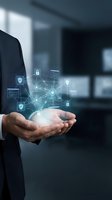 Businessman holding holographic cybersecurity network with digital locks and shields floating above palm in modern office environment for tech presentations.