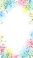 Pastel rainbow watercolor frame with cute doodle elements including hot air balloons, clouds, stars and bunny characters on white background for baby designs.