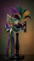 Ornate Mardi Gras masquerade mask with colorful feathers and ribbons on elegant stand for carnival celebration and festive party decoration.