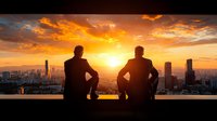 Two male silhouettes sitting on rooftop edge against dramatic orange sunset sky over urban cityscape with skyscrapers and modern buildings in background.