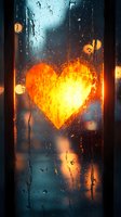 Glowing heart shape drawn on rainy window glass with orange street lights bokeh in background, romantic evening atmosphere with water drops streaming down.