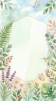 Soft watercolor floral frame with hummingbird, butterfly, daisies, lavender, ferns, and berries in pastel tones, with gold border and copy space.