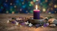 Purple candle burning in ceramic holder surrounded by amethyst crystals, lavender herbs and smooth stones on rustic wood surface with bokeh lights.