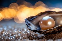 Luminous pearl nestled in dark oyster shell against sparkling sand and golden bokeh background, creating luxurious marine jewelry atmosphere.