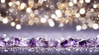 Purple amethyst gemstones scattered on glittering surface with golden bokeh lights background for luxury jewelry design and precious stone collection.