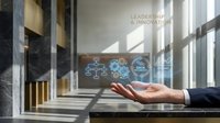 Young male professional in business attire displaying digital leadership and innovation icons above open palm in modern office corridor with natural light and contemporary architecture.