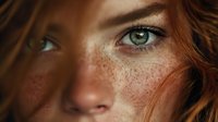 Close-up portrait of young Caucasian woman with freckles and striking green eyes. Natural beauty concept for skincare and cosmetics advertising.