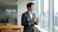 Asian male professional in dark business suit holding architectural model with digital holographic overlay in modern office with floor-to-ceiling windows, suitable for real estate, architecture, and technology concepts.