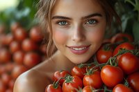 Young Caucasian woman with natural makeup and bright smile holding fresh red cherry tomatoes on vine against blurred garden background, healthy lifestyle concept.