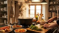 Caucasian male chef preparing fresh vegetables at wooden counter with steaming pot, pasta dishes, and ingredients in warm kitchen with shelving and natural window light.
