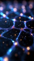 Glowing neural network connections with blue and orange light effects on dark background, representing artificial intelligence and deep learning technology.