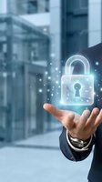 Businessman holding glowing padlock icon with digital particles over blurred cityscape background, representing cybersecurity, data protection, and secure network technology for enterprise solutions.
