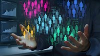 Business professional analyzing colorful demographic data visualization with human icons floating above hands showing population statistics and analytics.