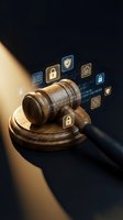 Wooden gavel with digital security icons and binary code floating against dark background, representing cybersecurity law, data protection regulations, and legal compliance in technology.
