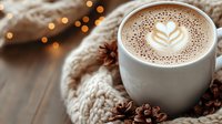 Cozy winter latte with heart-shaped foam art in white ceramic cup, pine cones and knitted scarf on rustic wooden table with blurred holiday lights background.