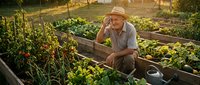 Senior Caucasian male farmer in straw hat tending to organic vegetable garden with raised beds during golden hour sunset light for sustainable agriculture concept.