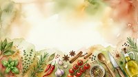 Culinary flat lay with fresh herbs, spices, vegetables and cooking utensils arranged on neutral background for food styling and recipe content.