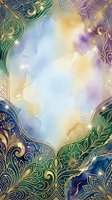 Watercolor background with ornate gold and jewel-toned decorative borders, soft pastel washes in blue, purple, and yellow creating dreamy center space. Perfect for invitations, greeting cards, and design projects.