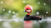 Red-crested pochard duck swimming in tranquil water with soft bokeh background and floating particles creating dreamy atmosphere for nature photography.