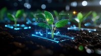 Young green plant seedling growing from soil with futuristic glowing digital elements and data visualization, representing agricultural technology and smart farming.