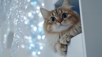 Curious fluffy cream-colored cat with bright blue eyes peeks around white corner against bokeh lights background, creating magical cozy atmosphere.